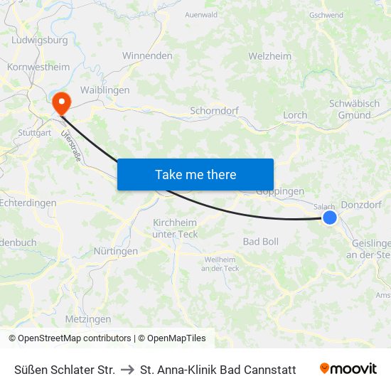 Süßen Schlater Str. to St. Anna-Klinik Bad Cannstatt map