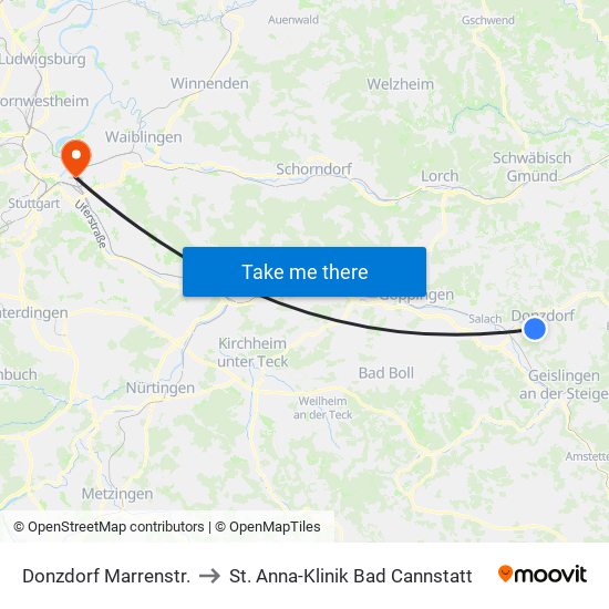 Donzdorf Marrenstr. to St. Anna-Klinik Bad Cannstatt map
