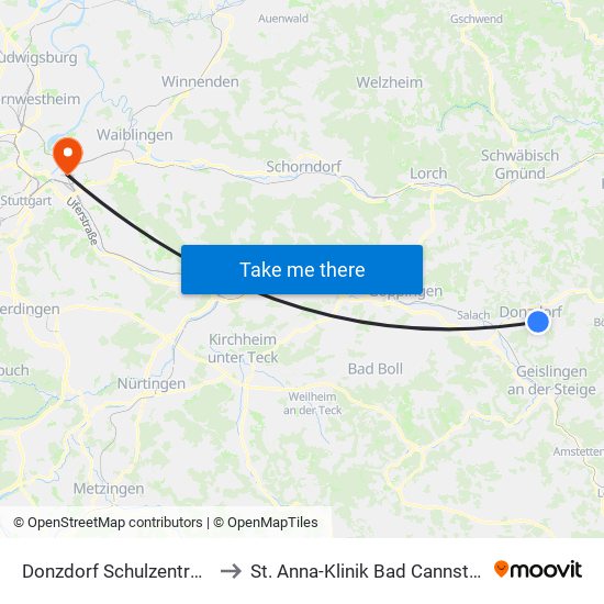 Donzdorf Schulzentrum to St. Anna-Klinik Bad Cannstatt map