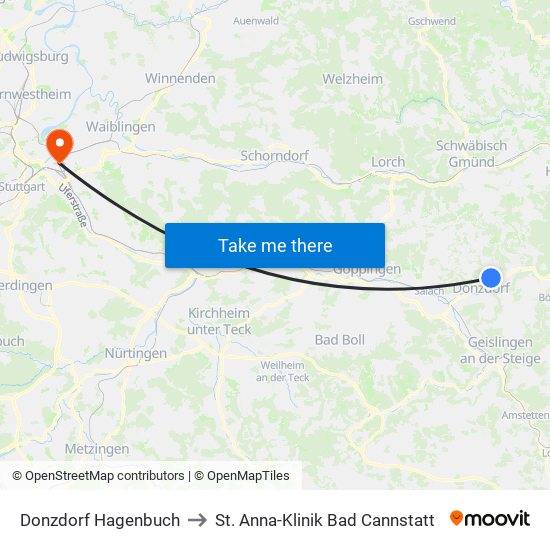 Donzdorf Hagenbuch to St. Anna-Klinik Bad Cannstatt map