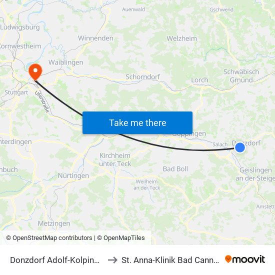 Donzdorf Adolf-Kolping-Str. to St. Anna-Klinik Bad Cannstatt map