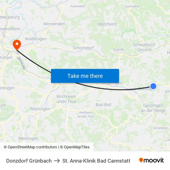 Donzdorf Grünbach to St. Anna-Klinik Bad Cannstatt map
