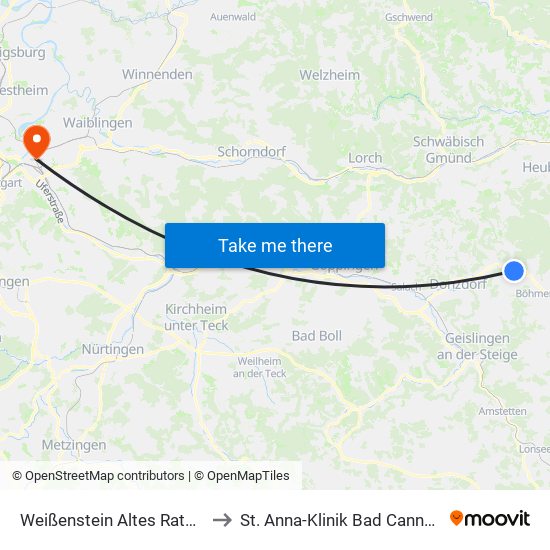 Weißenstein Altes Rathaus to St. Anna-Klinik Bad Cannstatt map