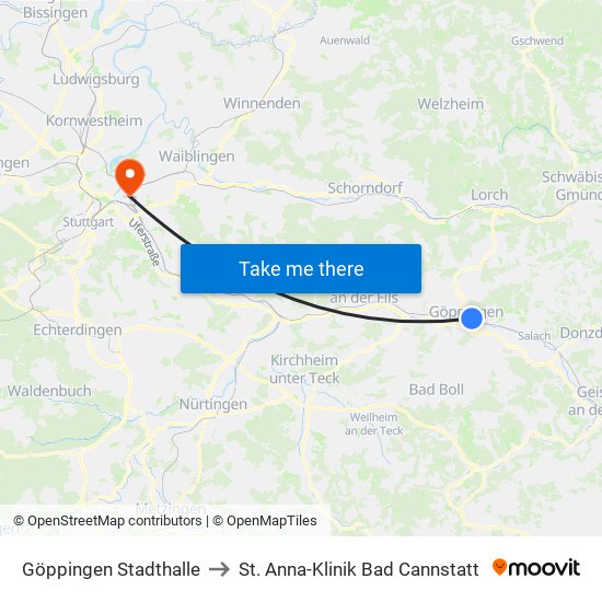 Göppingen Stadthalle to St. Anna-Klinik Bad Cannstatt map