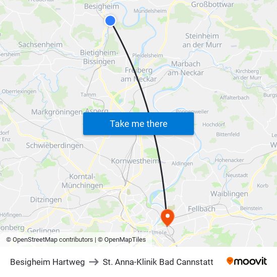 Besigheim Hartweg to St. Anna-Klinik Bad Cannstatt map