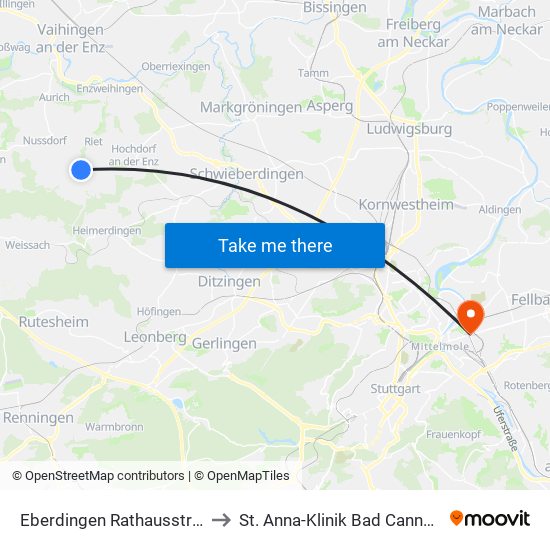 Eberdingen Rathausstraße to St. Anna-Klinik Bad Cannstatt map