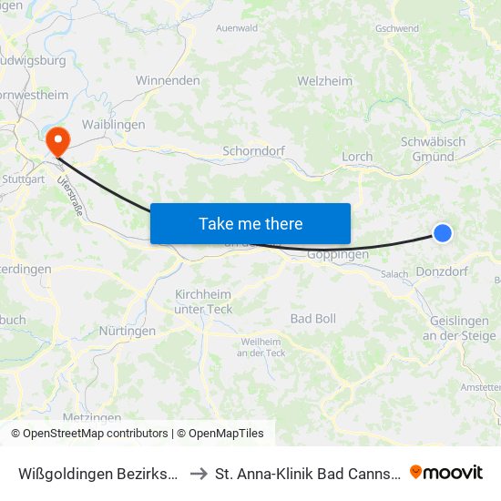Wißgoldingen Bezirksamt to St. Anna-Klinik Bad Cannstatt map