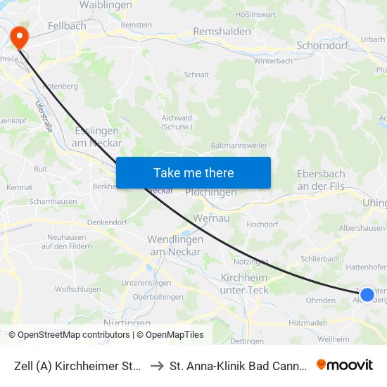 Zell (A) Kirchheimer Straße to St. Anna-Klinik Bad Cannstatt map