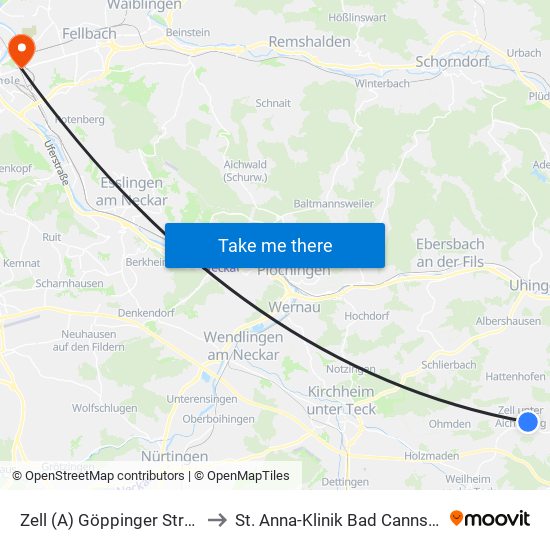 Zell (A) Göppinger Straße to St. Anna-Klinik Bad Cannstatt map