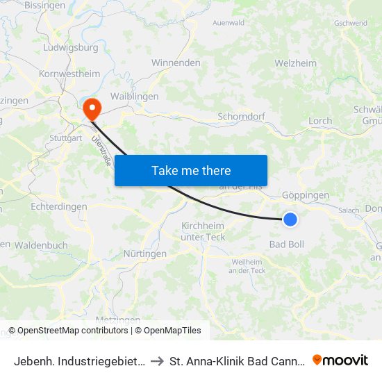 Jebenh. Industriegebiet Süd to St. Anna-Klinik Bad Cannstatt map