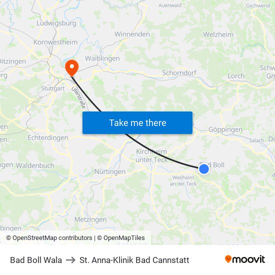 Bad Boll Wala to St. Anna-Klinik Bad Cannstatt map