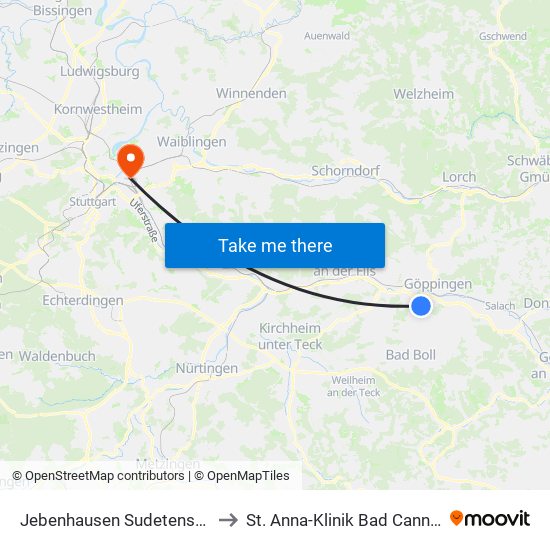 Jebenhausen Sudetenstraße to St. Anna-Klinik Bad Cannstatt map