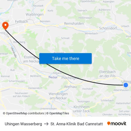 Uhingen Wasserberg to St. Anna-Klinik Bad Cannstatt map