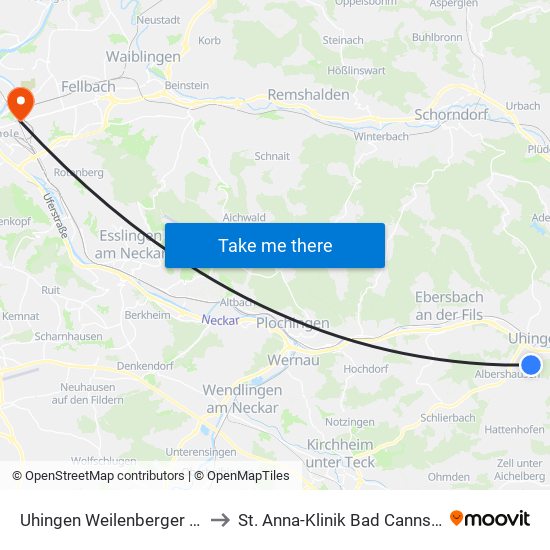 Uhingen Weilenberger Hof to St. Anna-Klinik Bad Cannstatt map