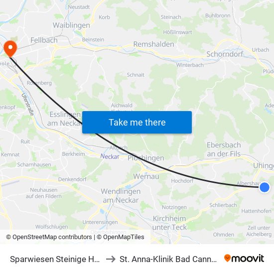 Sparwiesen Steinige Halde to St. Anna-Klinik Bad Cannstatt map