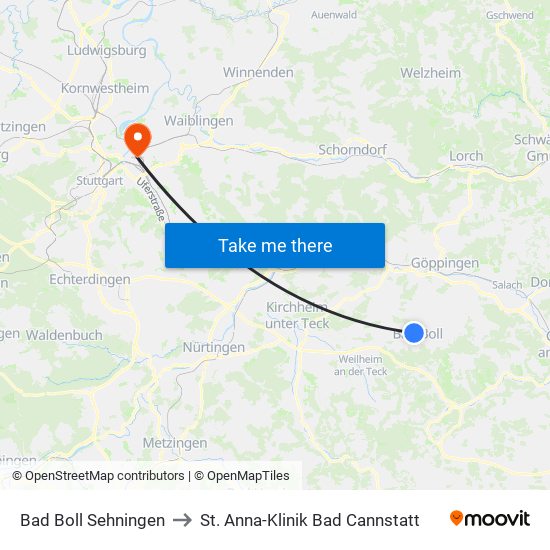 Bad Boll Sehningen to St. Anna-Klinik Bad Cannstatt map
