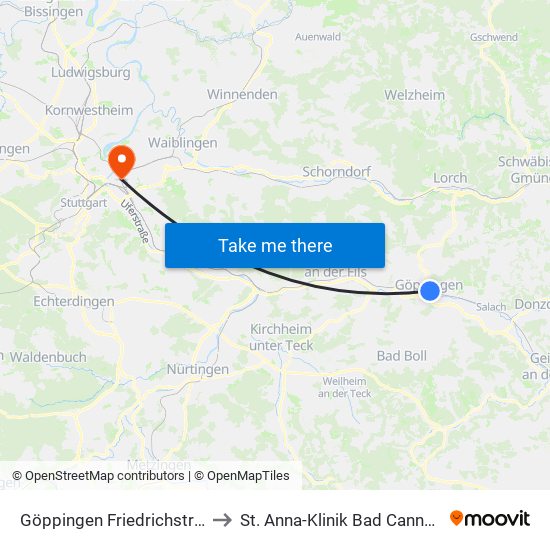 Göppingen Friedrichstraße to St. Anna-Klinik Bad Cannstatt map