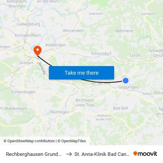 Rechberghausen Grundschule to St. Anna-Klinik Bad Cannstatt map