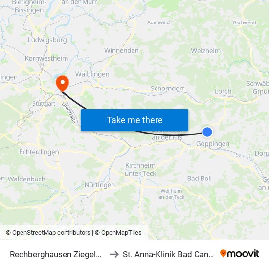 Rechberghausen Ziegelstraße to St. Anna-Klinik Bad Cannstatt map