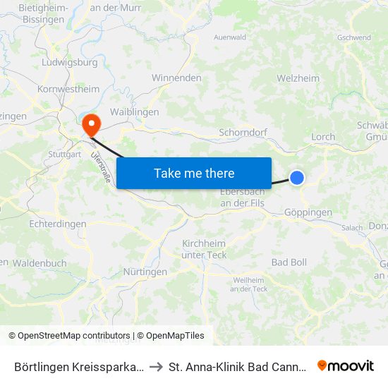 Börtlingen Kreissparkasse to St. Anna-Klinik Bad Cannstatt map
