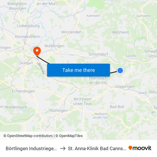 Börtlingen Industriegebiet to St. Anna-Klinik Bad Cannstatt map