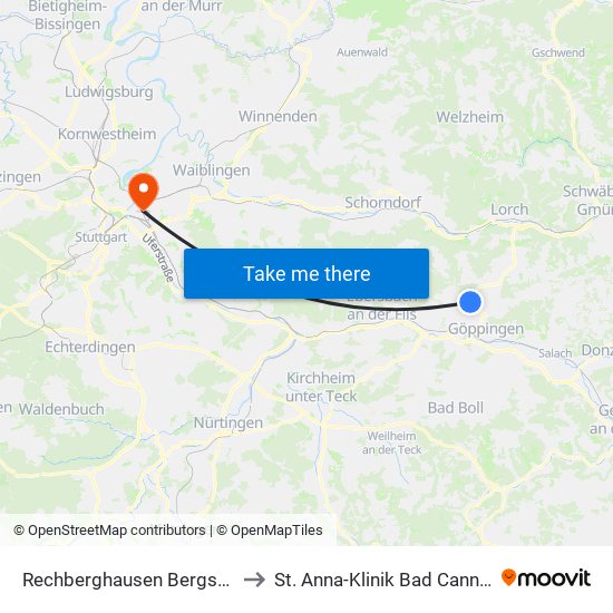 Rechberghausen Bergstraße to St. Anna-Klinik Bad Cannstatt map