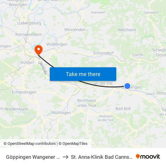 Göppingen Wangener Str. to St. Anna-Klinik Bad Cannstatt map