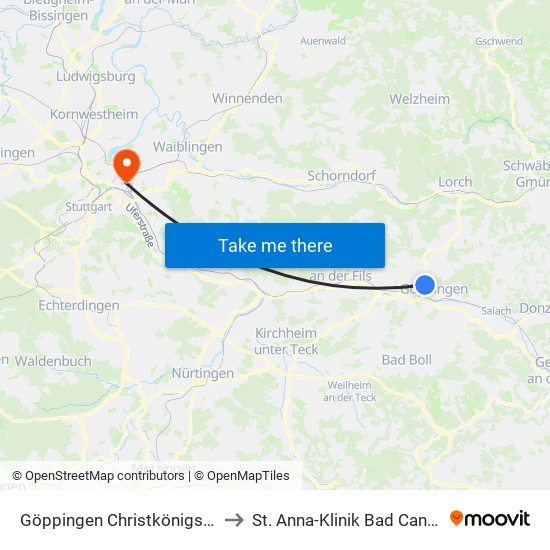 Göppingen Christkönigskirche to St. Anna-Klinik Bad Cannstatt map