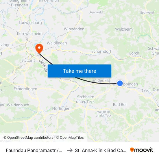 Faurndau Panoramastr./Bahnhof to St. Anna-Klinik Bad Cannstatt map