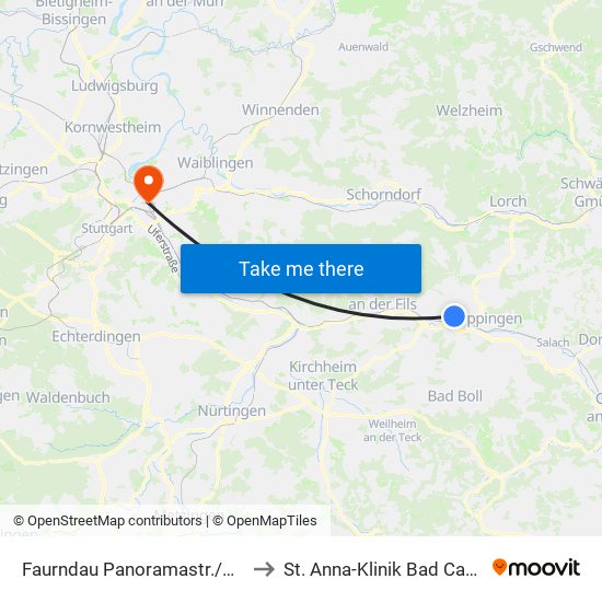 Faurndau Panoramastr./Bahnhof to St. Anna-Klinik Bad Cannstatt map
