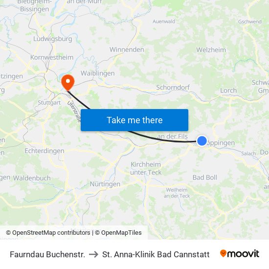 Faurndau Buchenstr. to St. Anna-Klinik Bad Cannstatt map