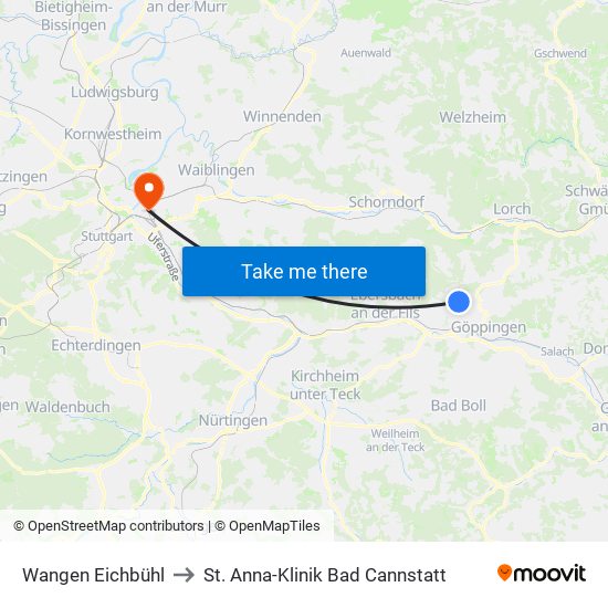 Wangen Eichbühl to St. Anna-Klinik Bad Cannstatt map