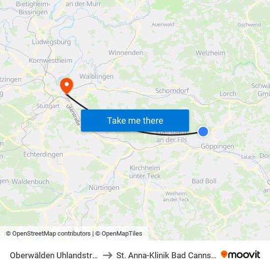 Oberwälden Uhlandstraße to St. Anna-Klinik Bad Cannstatt map