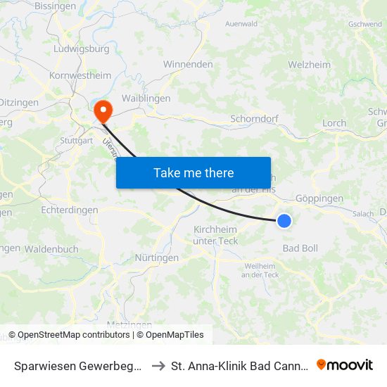 Sparwiesen Gewerbegebiet to St. Anna-Klinik Bad Cannstatt map