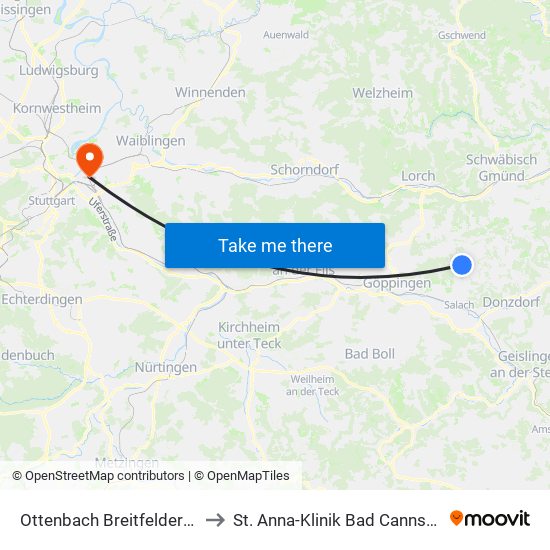 Ottenbach Breitfelderhof to St. Anna-Klinik Bad Cannstatt map