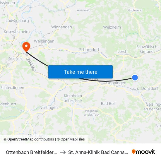 Ottenbach Breitfelderhof to St. Anna-Klinik Bad Cannstatt map