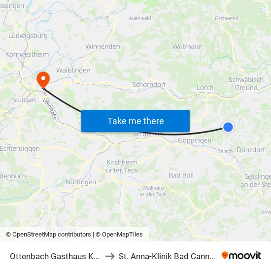 Ottenbach Gasthaus Krone to St. Anna-Klinik Bad Cannstatt map