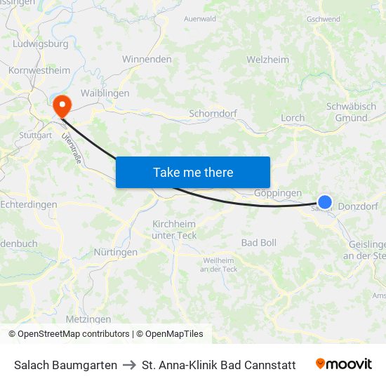 Salach Baumgarten to St. Anna-Klinik Bad Cannstatt map