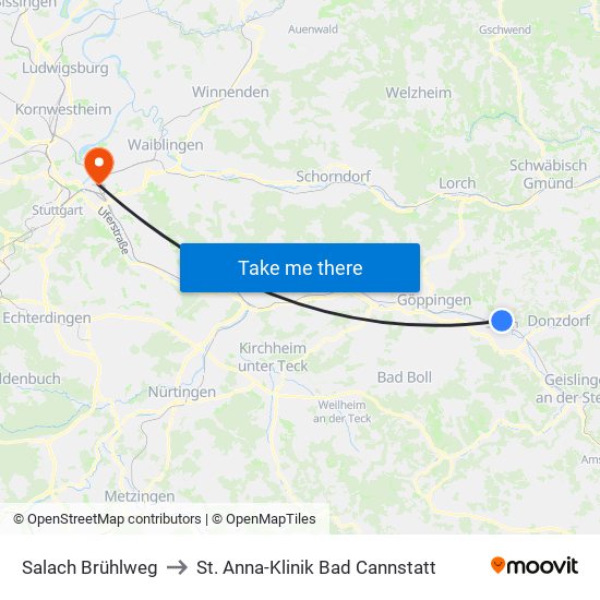 Salach Brühlweg to St. Anna-Klinik Bad Cannstatt map