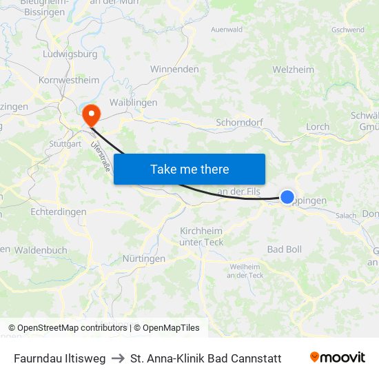 Faurndau Iltisweg to St. Anna-Klinik Bad Cannstatt map