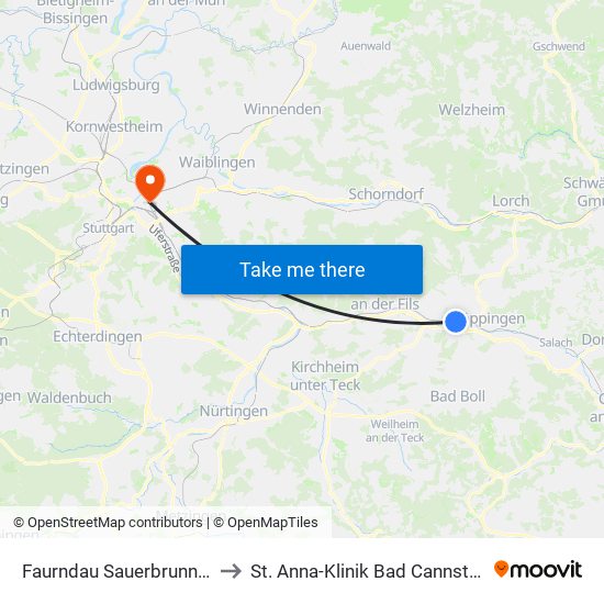 Faurndau Sauerbrunnen to St. Anna-Klinik Bad Cannstatt map