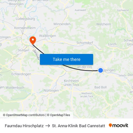 Faurndau Hirschplatz to St. Anna-Klinik Bad Cannstatt map