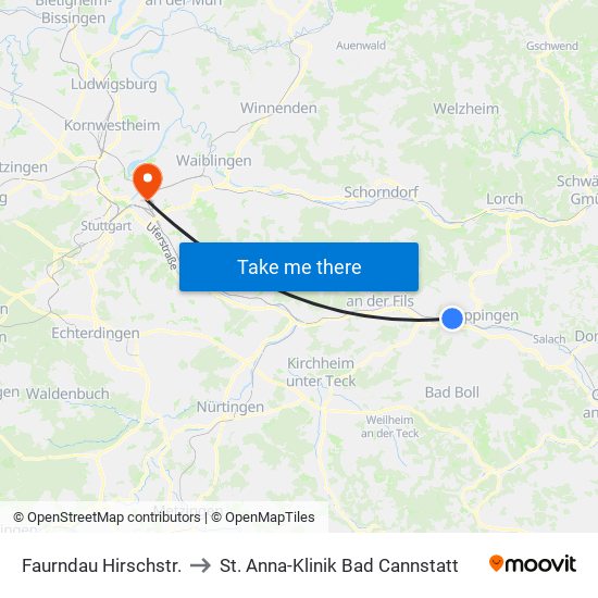 Faurndau Hirschstr. to St. Anna-Klinik Bad Cannstatt map