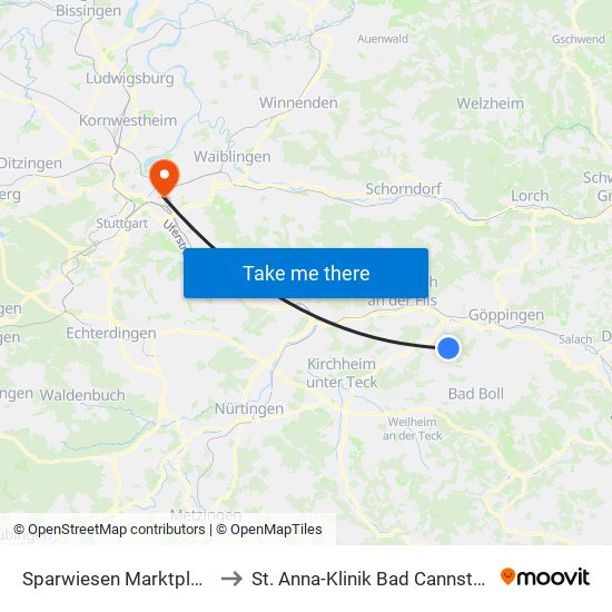 Sparwiesen Marktplatz to St. Anna-Klinik Bad Cannstatt map
