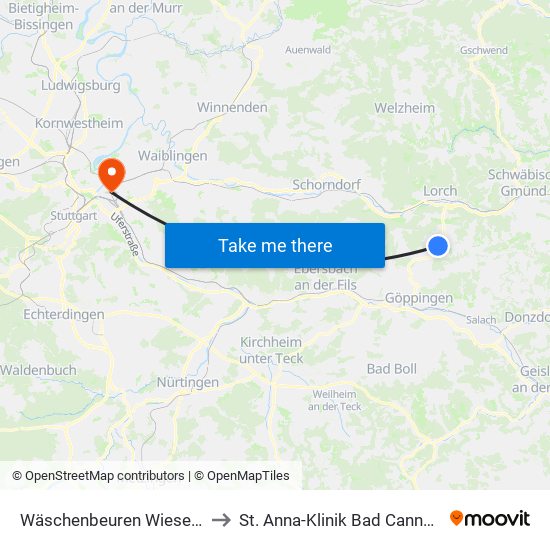 Wäschenbeuren Wiesental to St. Anna-Klinik Bad Cannstatt map