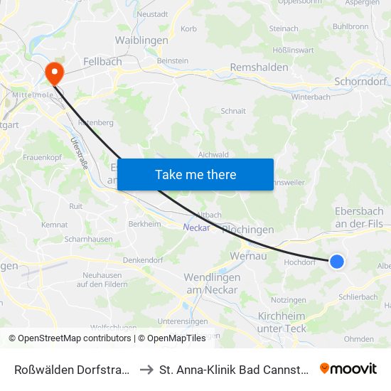 Roßwälden Dorfstraße to St. Anna-Klinik Bad Cannstatt map