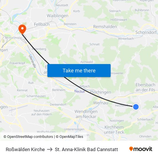 Roßwälden Kirche to St. Anna-Klinik Bad Cannstatt map