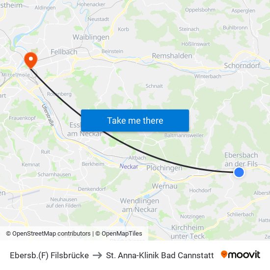 Ebersb.(F) Filsbrücke to St. Anna-Klinik Bad Cannstatt map