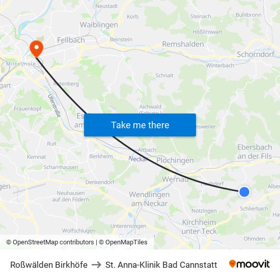 Roßwälden Birkhöfe to St. Anna-Klinik Bad Cannstatt map