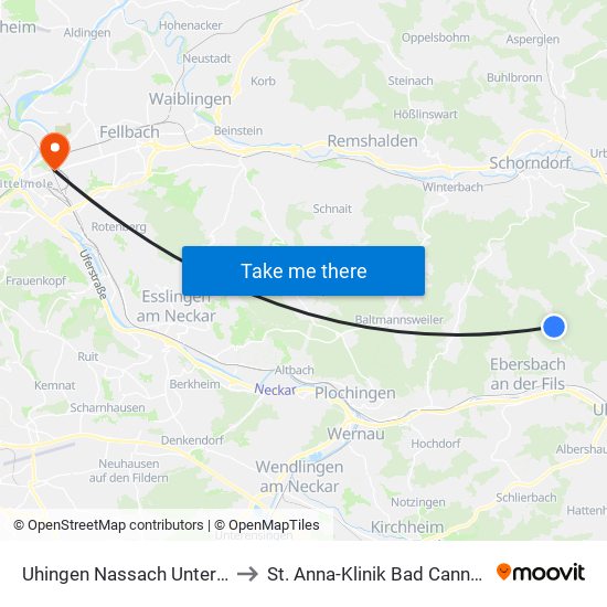 Uhingen Nassach Unterhütt to St. Anna-Klinik Bad Cannstatt map